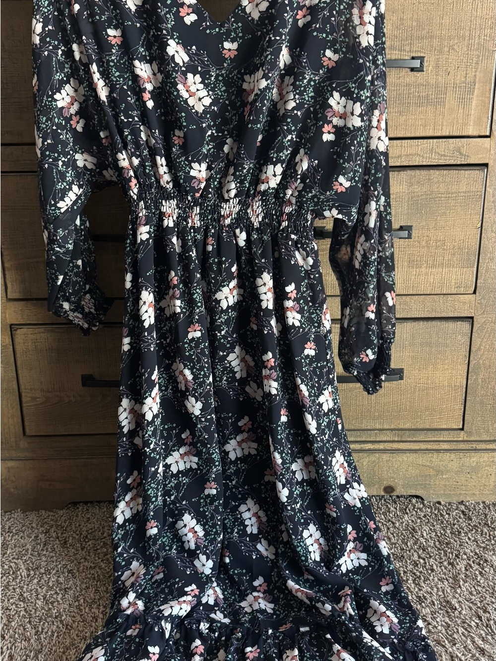 Black Floral Long-Sleeve Midi Dress with Pink and White Blossoms